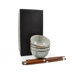 Blue & White Flower Rice Bowl Set With Chopsticks