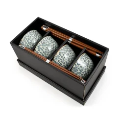 Blue & White Flower Rice Bowl Set With Chopsticks