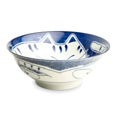 Dark Blue Lucky Cat Japanese Ramen Bowl, 21cm