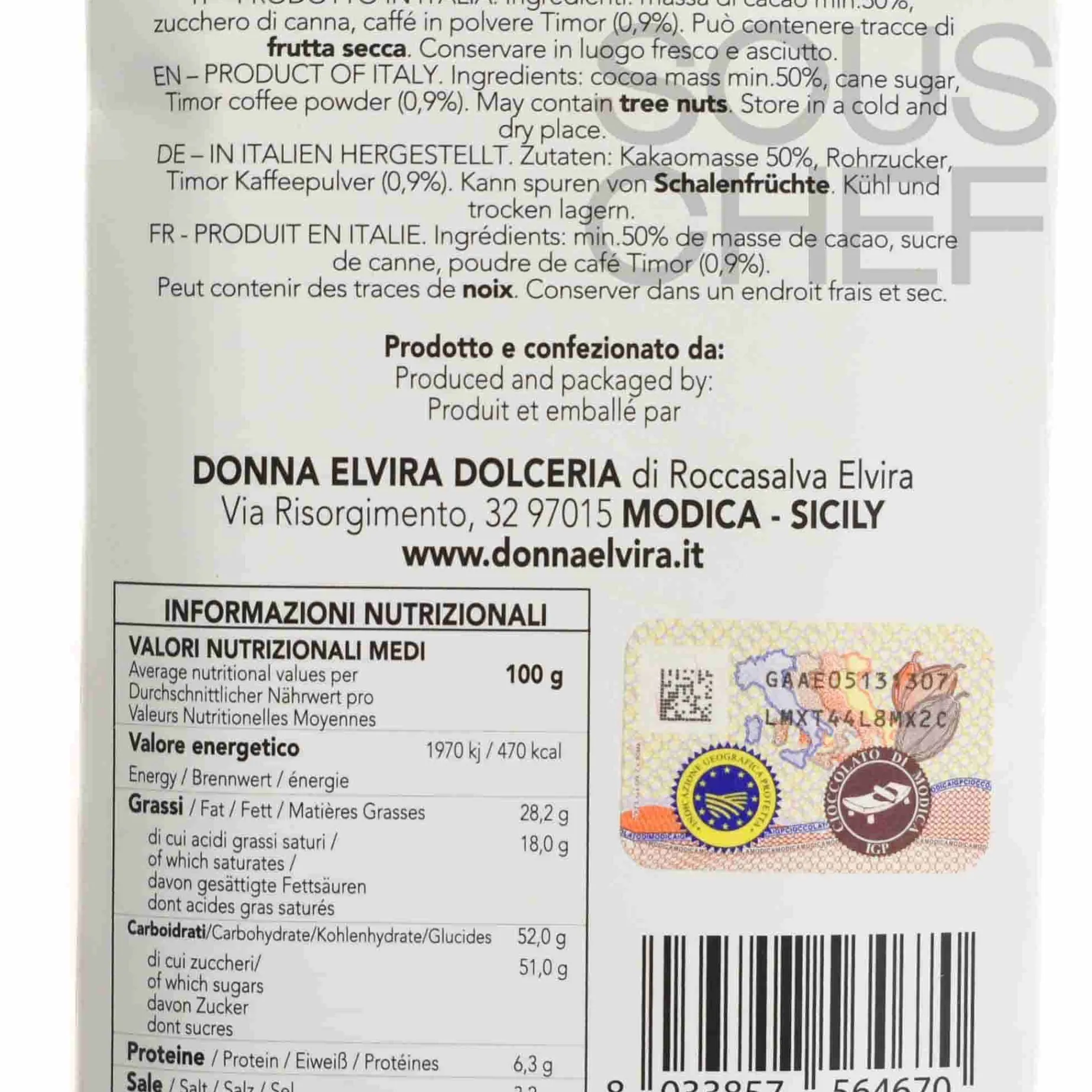 Donna Elvira Coffee PGI Modican Chocolate Bar, 70g
