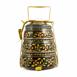 Hand Painted Three Tier Black Tiffin Tin, 1.5 Litre