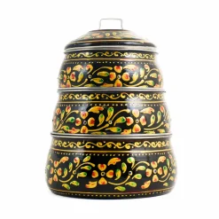 Hand Painted Three Tier Black Tiffin Tin, 1.5 Litre