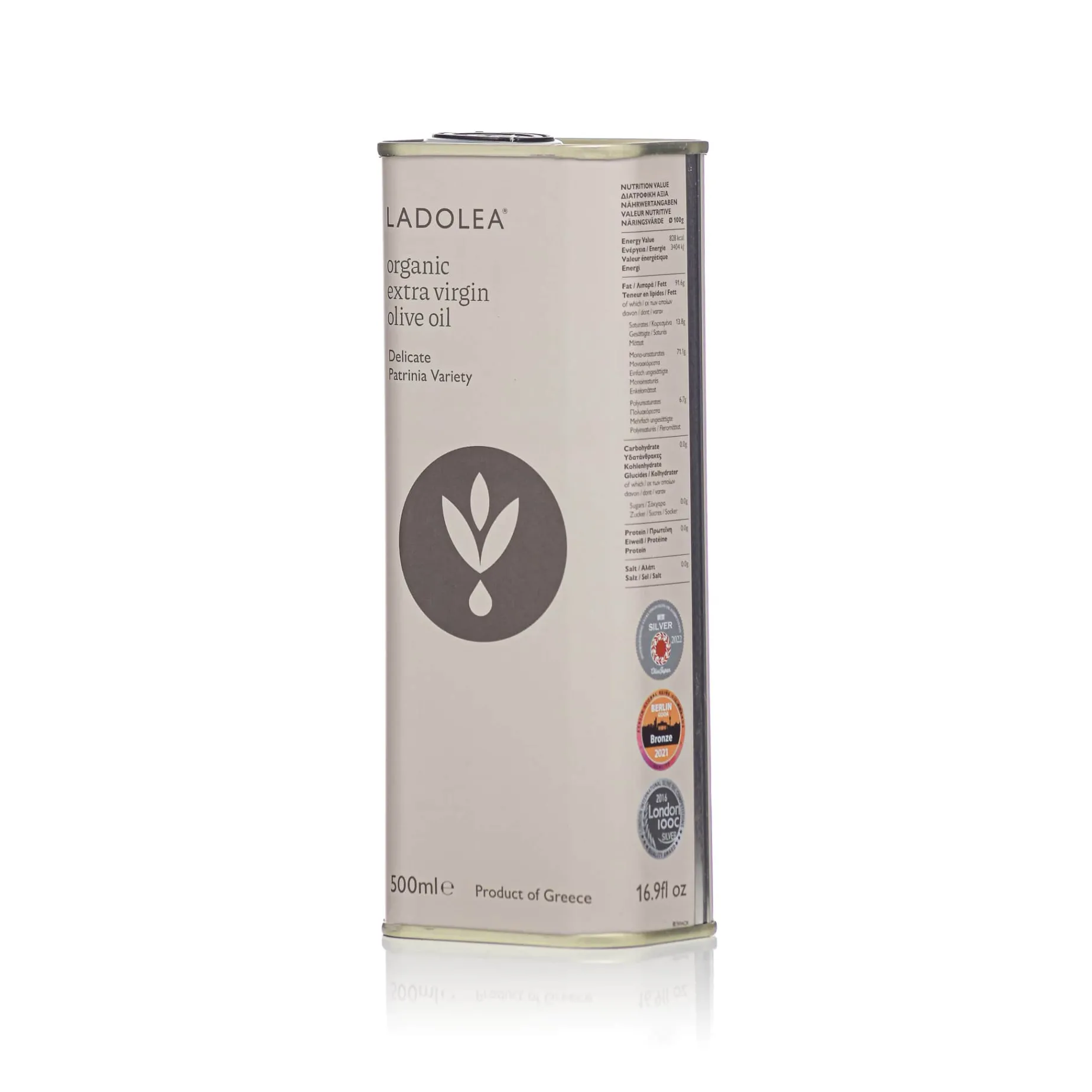 Ladolea Organic Greek Patrinia Delicate Extra Virgin Olive Oil in Tin, 500ml