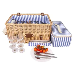 Saint-Malo Blue Striped Picnic Basket with Table, 4 Person