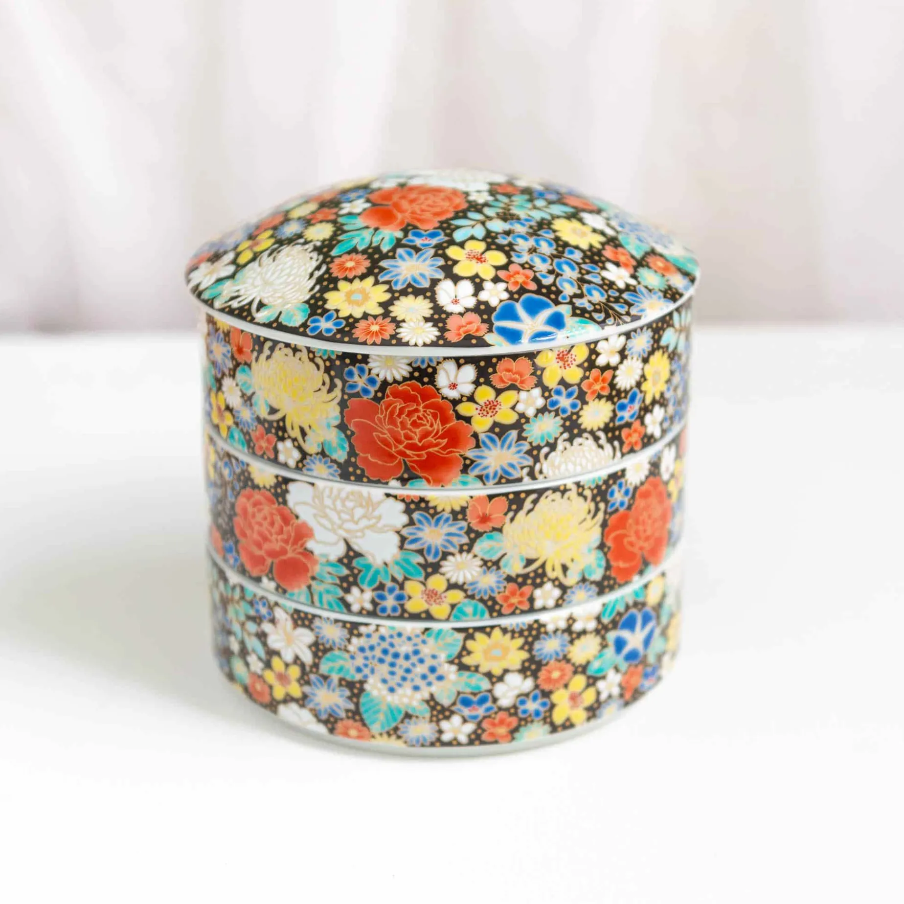 Seikou Porcelain Black Floral Motif Sweets Container, 3 Compartments