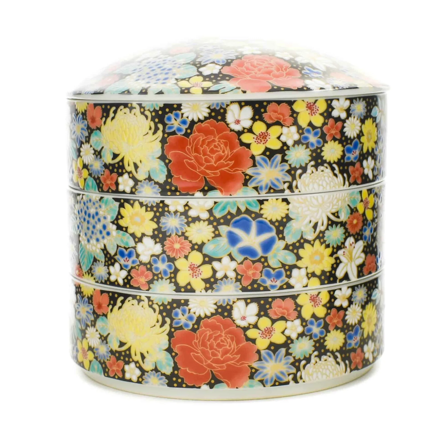 Seikou Porcelain Black Floral Motif Sweets Container, 3 Compartments