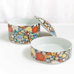 Seikou Porcelain Black Floral Motif Sweets Container, 3 Compartments