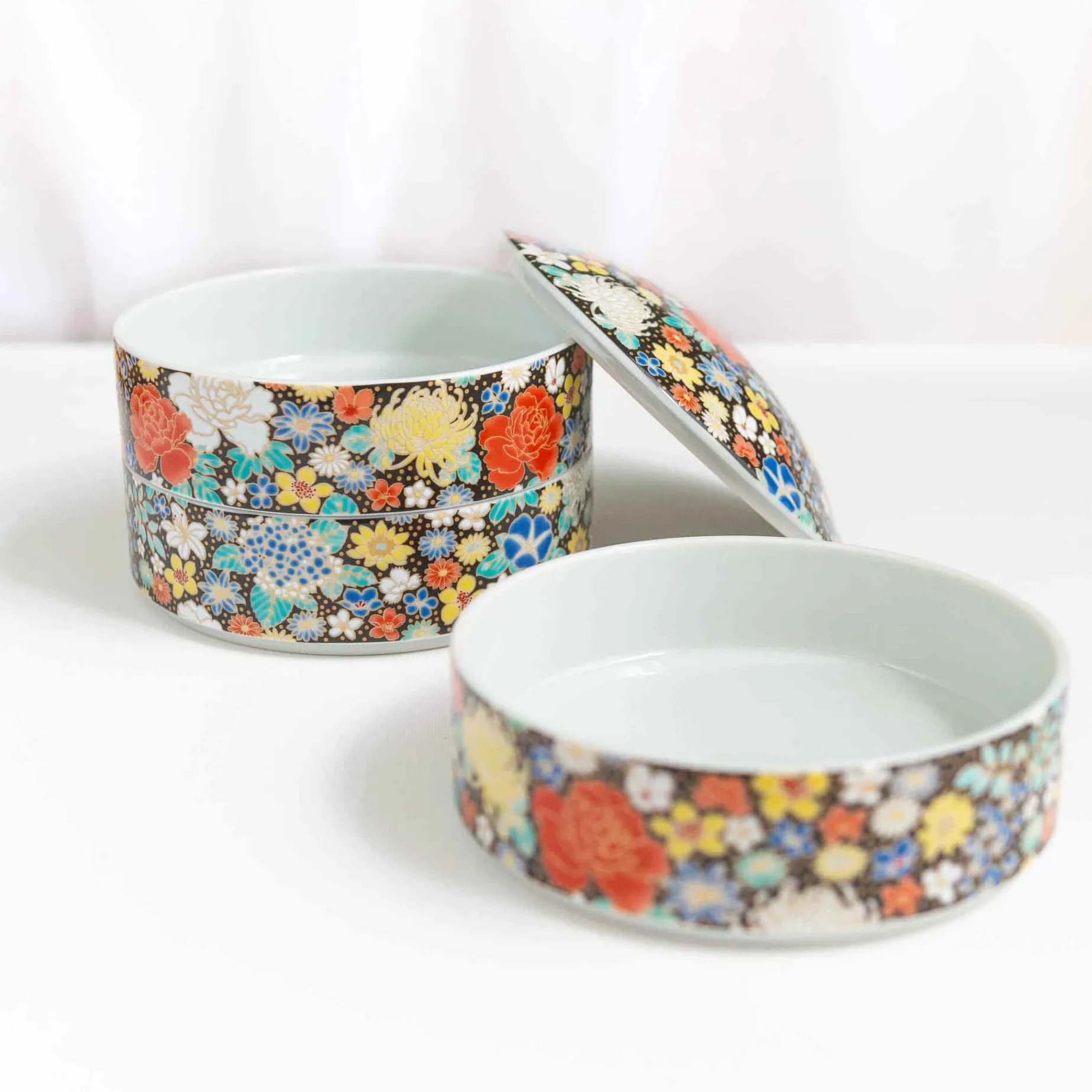 Seikou Porcelain Black Floral Motif Sweets Container, 3 Compartments