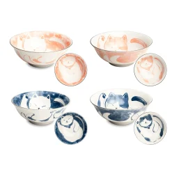 Set of 4 Japanese Cat Bowls, 14.5cm