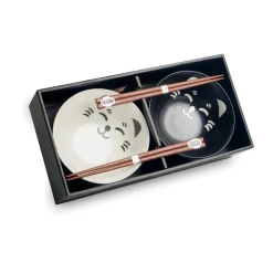 Set of 2 Lucky Cat Japanese Rice Bowls with Chopsticks