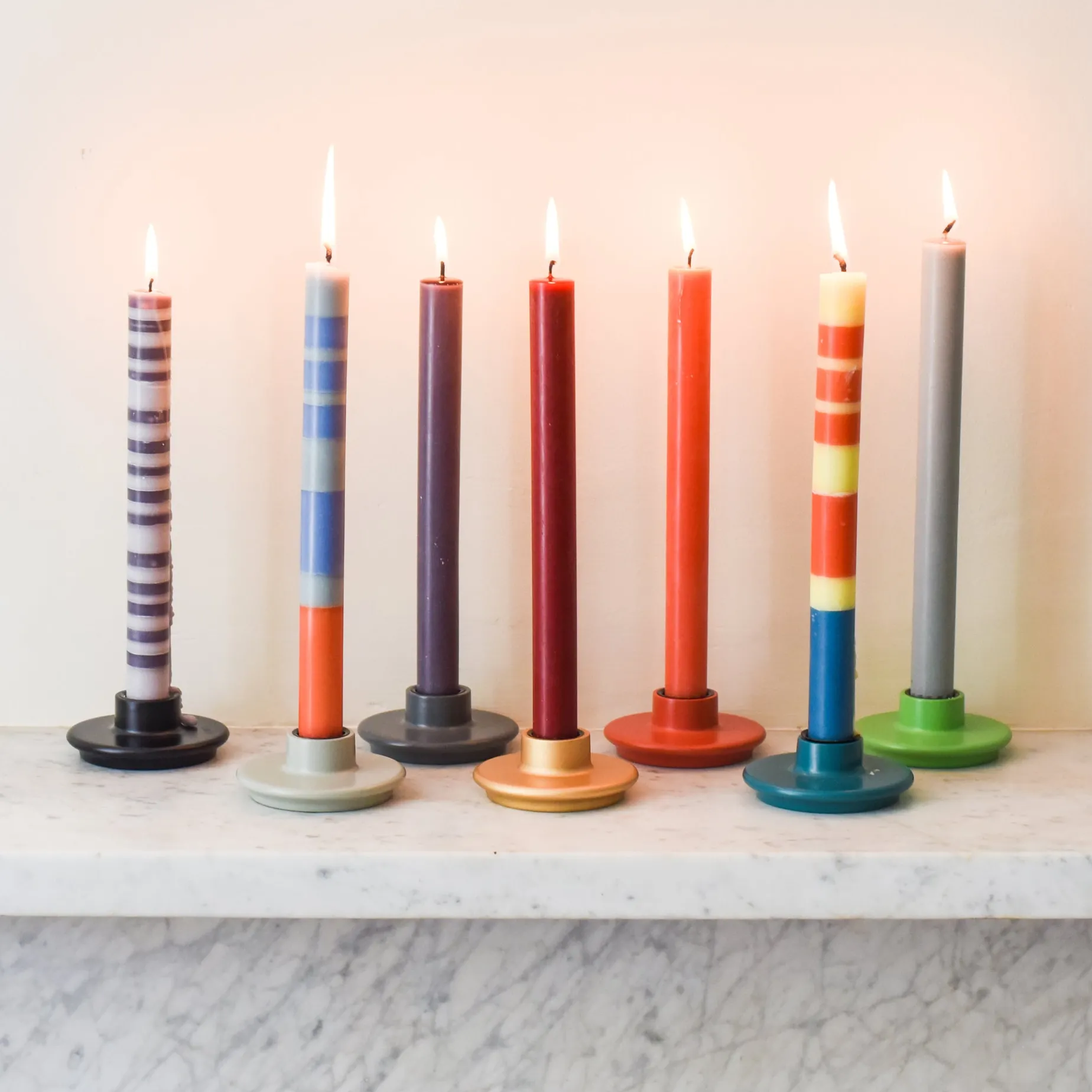 Set of 6 Striped Dinner Candles - Multicolour