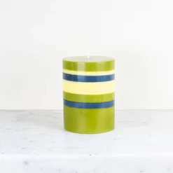 Striped Pillar Candle, Olive & Navy, 10cm