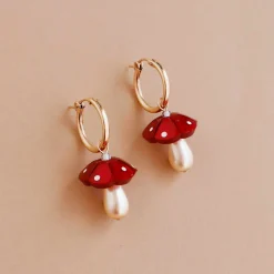 Wolf & Moon Red Mushroom Hoop Earrings